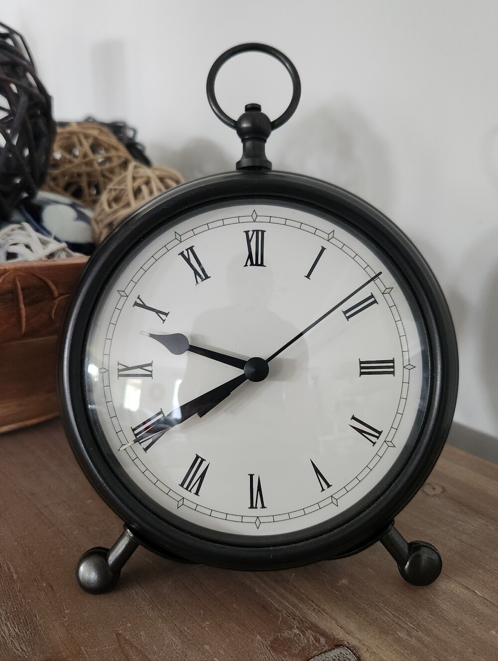 Pottery Barn Black Metal Tabletop Clock Roman Numerals Vintage Style Decor